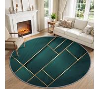 Washable Modern Geometric Colour Block Check Stripes Round Rug 200 cm | Soft Non Slip Minimalist Luxe Circle Carpet, Dark Emerald Green Low Pile Rug Bedroom Office Dining Room Laundry Decor