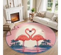 Washable Modern Pop Art Tropical Animal Flamingo Sunset Round Rug 200 cm | Soft Non Slip Romantic Art Circle Carpet, Pink Printed Low Pile Rug Bedroom Office Dining Room Laundry Decor