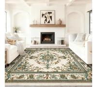 Washable Multicoloured Rug 80 x 150 cm, French Luxe Low pile Printed Carpet, Soft Touch with Non Slip Backing, Symmetrical Flowers Vines Key Border Printed Rug, for Living Room Bedroom