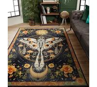 Washable Mystical Luna Moth Rugs Ultra Thin, Boho Moody Black Floral Aesthetic Bedroom Rugs Vintage Hippie Celestial Trendy Indie Dorm Rug, Retro Cute 4x6 Area Rug for Dining Living Room Entryway