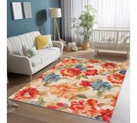 Washable Non-Slip Area Rug 120 x 170 cm, Soft Low Pile Non Shedding Red Blue Area Rug - Countryside Watercolor Flowers Print Carpet for Bedroom Kids Room Dining Room