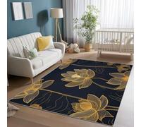 Washable Non-Slip Area Rug 160 x 230 cm, Soft Low Pile Non Shedding Black Gold Area Rug - Oriental Traditional Lotus Print Carpet for Bedroom Kids Room Dining Room