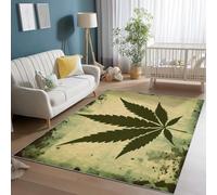 Washable Non-Slip Area Rug 60 x 90 cm, Soft Low Pile Non Shedding Olive Green Dark Brown Area Rug - Vintage Plant Cannabis Leaf Print Carpet for Bedroom Kids Room Dining Room
