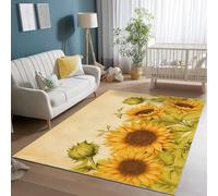 Washable Non-Slip Area Rug 60 x 90 cm, Soft Low Pile Non Shedding Yellow Green Area Rug - Vintage Hand-Painted Sunflowers Print Carpet for Bedroom Kids Room Dining Room