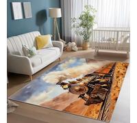 Washable Non-Slip Area Rug 80 x 150 cm, Soft Low Pile Non Shedding Tan Area Rug - Desert Train Oil Painting Print Carpet for Bedroom Kids Room Dining Room