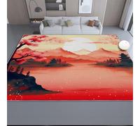 Washable Non Slip Area Rug Red, Japanese Style Cherry Blossoms Mountains Patterned Rugs Decor for Living Room Bedroom Dining Table Bedside - 140 x 200 cm Soft Flannel Carpet Christmas Home Decor