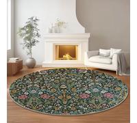 Washable Non-Slip Round Area Rug 90 cm, William Morris Flowers Leaves Print Soft Low Pile Circle Carpet for Office Kitchen Bedroom Dining Room Living Room - Dark Green Pet Friendly Rug
