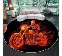 Washable Non-Slip Round Area Rugs for Bedroom, 160 cm Circle Indoor Area Rugs Floor Mat with Simple Flames Skull Motorcycle Printed - Black No Shedding Carpet for Living Room Home Office Nursery