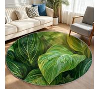 Washable Non-Slip Round Rug 120 cm, Botanical Painting Style Circle Carpet | Green indoor Low Pile Area Rug, Leaf Dewdrop round decor for Living Room, Bedroom, Bedside