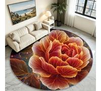 Washable Non-Slip Round Rug 180 cm, Fantasy Modern Floral Circle Carpet | Red indoor Low Pile Area Rug, Roses Leaf Veins Ombre Texture round decor for Living Room, Bedroom, Bedside