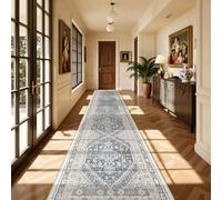 Washable Non-Slip Runner Rug 2.5x14, Long Kitchen Rug in Blue/Beige | This 2.5x14 washable runner rug features a non-slip design and a blue/beige colorway, ideal for long kitchen spaces and easy
