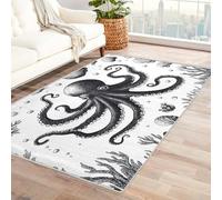 Washable Octopus Rugs for Living Room, Square Rugs 120 X 120 cm, Squid Coral Seashell Gray Design Area Rug Bedroom Decor, Non Slip Low Pile Soft Floor Carpet