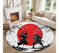 Washable Oriental Art Samurai Cherry Blossom Tree Sun Round Rug 100cm | Soft Anti-Slip Traditional Japanese Circle Carpet, Bright Red Low Pile Rug Bedroom Bedside Office Dining Room Laundry Decor