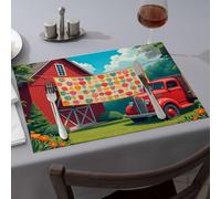 Washable Placemats A Vibrant Quilt Hangs Outside A Red Barn, Surrounded by Lush Greenery and an Old Truck Dining Place Mats Rustic Home Decor Golden Girls Gifts(4PCS)
