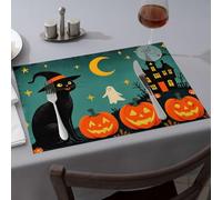 Washable Placemats Halloween Night With Pumpkins, Ghost, Cat, And Haunted House Dining Place Mats Comedor Spring Placemats(1PCS)
