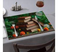 Washable Placemats Stack Of Old Books Surrounded By Vibrant Flowers Dining Place Mats Comedor Spring Placemats(6PCS)