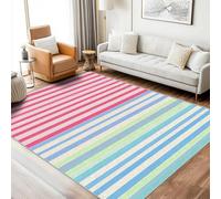 Washable Rainbow Striped Small Rugs for Bedroom, Entryway, Mats and Rugs, Colorful French Style Bedroom Decor Area Rug, Non Slip Low Pile Soft Indoor Door Mat, 80 x 150 cm
