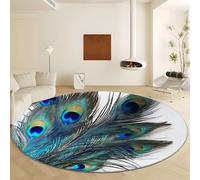 Washable Round Area Rug 100 cm, Animal Feathers Soft Fluffy Circle Carpet, Simple Peacock Feather Printed Short Pile Non Slip Floor Round Rugs for Entryway Living Room Bedroom