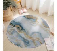 Washable Round Area Rug 100 cm, Blue Gold Soft Fluffy Circle Carpet, Abstract Swirl Marbled Printed Short Pile Non Slip Round Rugs for Entryway Living Room Bedroom