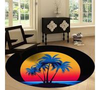 Washable Round Area Rug 100 cm, Vintage Style Soft Fluffy Circle Carpet Rug - Seaside Sunset Palm Trees Printed Short Pile Non Slip Floor Round Carpet for Entryway Living Room Bedroom