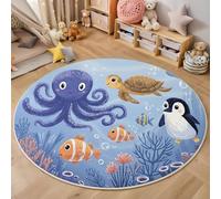 Washable Round Area Rug 100cm, Octopus Penguin Fish Printed Circle Carpet, Low Pile Non Slip Blue Floor Mat, Soft Cartoon Marine Life Circle Rug for Living Room Sofa Coffee Table Bedside