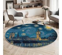Washable Round Area Rug 100cm Soft Fluffy Circle Carpet Rug Abstract art style Big Ben and London Bridge Short Pile Non Slip Floor Round Rugs for Entryway Living Room Bedroom(Dark blue)