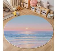 Washable Round Area Rug 100cm, Sunset At The Beach Printed Circle Carpet, Low Pile Non Slip Pink Floor Mat, Soft Realistic Natural Scenery Circle Rug for Living Room Sofa Coffee Table Bedside