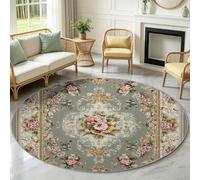 Washable Round Area Rug 120 cm/4ft French Countryside Soft Circle Carpet Printed Rose Cluster Short Pile Non Slip Floor Rugs for Entryway Living Room Bedroom Beside Sofa Office (Multicolor)