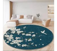 Washable Round Area Rug, 120 Cm Oriental Wind White Flowers Flying Birds Shaggy Soft Touch Carpet Rug Non-Slip, Non-Shedding Circle Carpet For Bedroom Living Room Bathroom Nursery Kitchen Blue