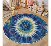 Washable Round Area Rug 120cm, Tie-Dye Light Geometry Printed Circle Carpet, Low Pile Non Slip Blue White Floor Mat, Soft Abstract Ink Painting Circle Rug for Living Room Sofa Coffee Table Bedside