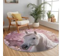 Washable Round Area Rug 150 cm, Dream Florals Horse Theme Low Pile for Bedroom Living Room Entryway, Pink White Soft Flannel Round Carpet Anti Slip Home Decor for Kids Room