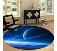 Washable Round Area Rug 150 cm, Fantasy Style Soft Fluffy Circle Carpet Rug - Space Moon Blue Planet Printed Short Pile Non Slip Floor Round Carpet for Entryway Living Room Bedroom