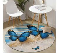 Washable Round Area Rug, 150 Cm Nature Butterfly Gold Powder Shaggy Soft Touch Carpet Rug Non-Slip, Non-Shedding Circle Carpet For Bedroom Living Room Bathroom Nursery Kitchen Blue