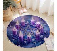 Washable Round Area Rug 150 cm, Purple Soft Fluffy Circle Carpet, Fantasy Mysterious Pentagram Candle Printed Short Pile Non Slip Round Rugs for Entryway Living Room Bedroom