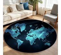 Washable Round Area Rug 160 cm/5.2ft Modern Soft Circle Carpet Printed World Map Geography Short Pile Non Slip Floor Rugs for Entryway Living Room Bedroom Beside Sofa Office (Blue)