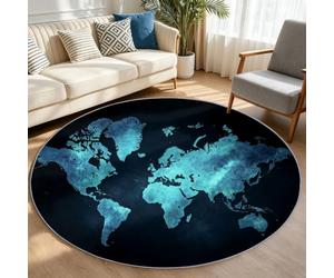 Washable Round Area Rug 160 cm/5.2ft Modern Soft Circle Carpet Printed World Map Geography Short Pile Non Slip Floor Rugs for Entryway Living Room Bedroom Beside Sofa Office (Blue)
