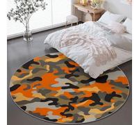 Washable Round Area Rug 160 cm - Abstract Military Camouflage Design Flannel Low-Pile Carpet with Non Slip Backing, Orange Gray Indoor Round Rugs for Bedroom Kitchen Living Room