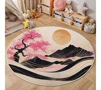 Washable Round Area Rug 160cm, Cherry Blossom Trees Mountains Printed Circle Carpet, Low Pile Non Slip Pink Floor Mat, Soft Japanese Abstract Style Circle Rug for Living Room Sofa Coffee Table Bedside