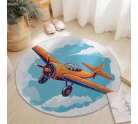 Washable Round Area Rug 180 cm, Colorful Soft Fluffy Circle Carpet, Cartoon Retro Airplane Cloud Printed Short Pile Non Slip Round Rugs for Entryway Living Room Bedroom