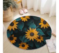 Washable Round Area Rug 180 cm, Colorful Soft Fluffy Circle Carpet, Close-Up Flower Sunflower Leaves Printed Short Pile Non Slip Flannel round rugs for Entryway Living Room Bedroom