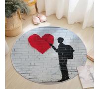 Washable Round Area Rug 180 cm, Colorful Soft Fluffy Circle Carpet, Graffiti Brick Wall Backpack Boy Heart Printed Short Pile Non Slip Flannel round rugs for Entryway Living Room Bedroom