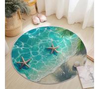 Washable Round Area Rug 180 cm, Colorful Soft Fluffy Circle Carpet, Nature Beach Landscape Starfish Shells Printed Short Pile Non Slip Flannel round rugs for Entryway Living Room Bedroom