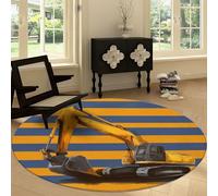 Washable Round Area Rug 180 cm, Minimalism Soft Fluffy Circle Carpet Rug - Stripes Architecture Vehicle Excavator Printed Short Pile Non Slip Floor Round Carpet for Entryway Living Room Bedroom