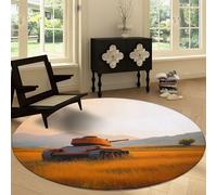 Washable Round Area Rug 180 cm, Natural Scenery Soft Fluffy Circle Carpet Rug - Retro Fields Tanks Printed Short Pile Non Slip Floor Round Carpet for Entryway Living Room Bedroom