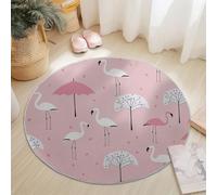 Washable Round Area Rug 180 cm, Pink White Soft Fluffy Circle Carpet, Simple Flamingo Trees Printed Short Pile Non Slip Round Rugs for Entryway Living Room Bedroom
