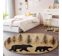 Washable Round Area Rug 180 cm, Rustic Pine Tree Bear Theme Soft Non Slip Shedding Circle Carpet for Bedroom Entryway Kitchen Kids Room Playroom Home Decor - Light Brown
