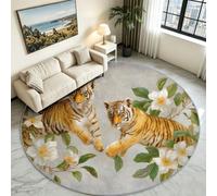 Washable Round Area Rug 200 cm/6.6ft Animals Soft Circle Carpet Printed Tiger Blossom Branches Short Pile Non Slip Floor Rugs for Entryway Living Room Bedroom Beside Sofa Office (Grey)