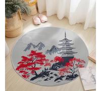 Washable Round Area Rug 210 cm, Colorful Soft Fluffy Circle Carpet, Japanese Style Architecture Red Plum Printed Short Pile Non Slip Flannel round rugs for Entryway Living Room Bedroom