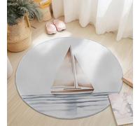 Washable Round Area Rug 245 cm, Brown White Soft Fluffy Circle Carpet, Watercolor Simple Sailboat Wave Printed Short Pile Non Slip Round Rugs for Entryway Living Room Bedroom