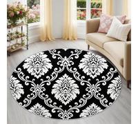 Washable Round Area Rug 245 cm, Floral Leaf Soft Circle Carpet Rug Traditional Damask Printed Short Pile Non Slip Floor Round Rugs for Dining Room, Black White